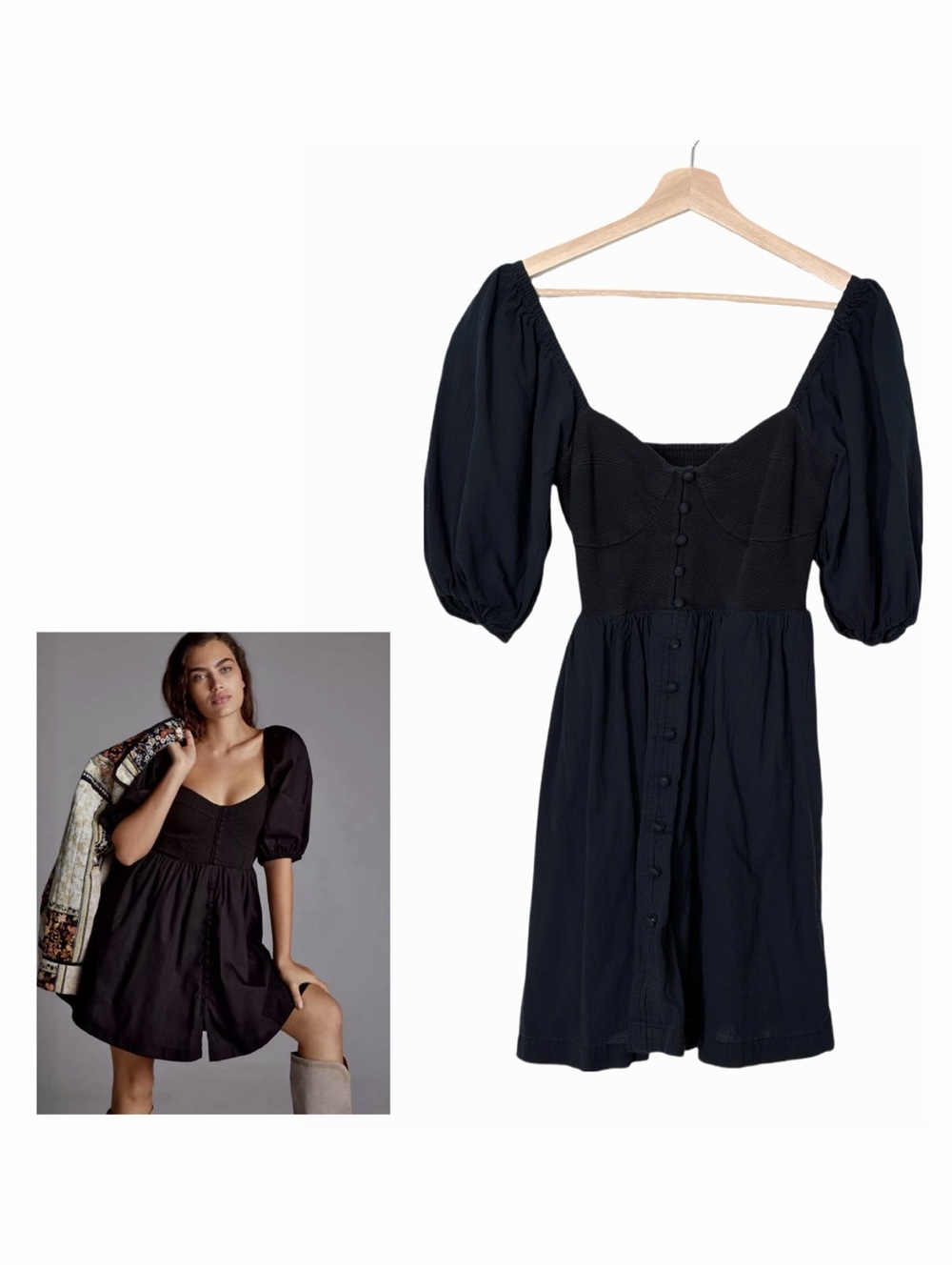 ANTHROPOLOGIE Maeve Puff-Sleeved Sweetheart Mini Dress Black XS Dark Romantic
